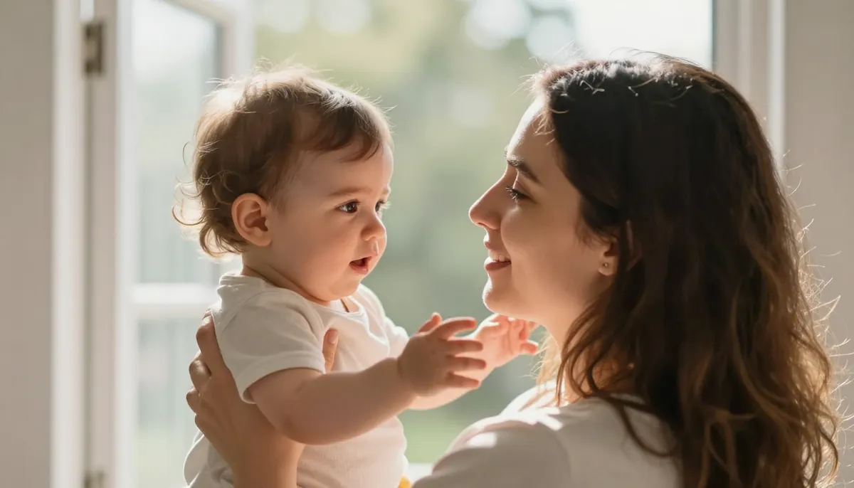 Ayrılık anksiyetesi: Anne ve bebeğin duygusal bağlantısı sabah ışığında.