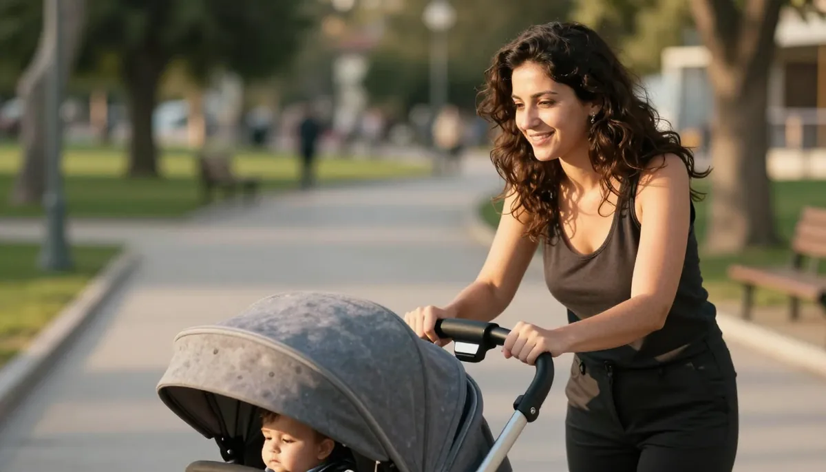 Türk annesi parkta bebek arabasıyla yürüyor, altın saatte doğal ışık