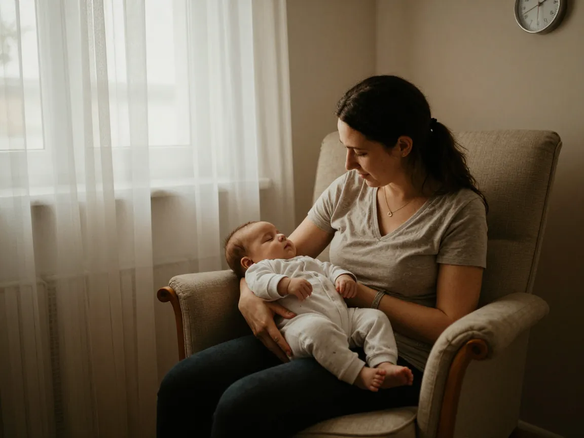 Anne ve bebeği oda sıcaklığı kontrol edilen sessiz odada birlikte. Güvenli uyku ortamında rahat anlar.