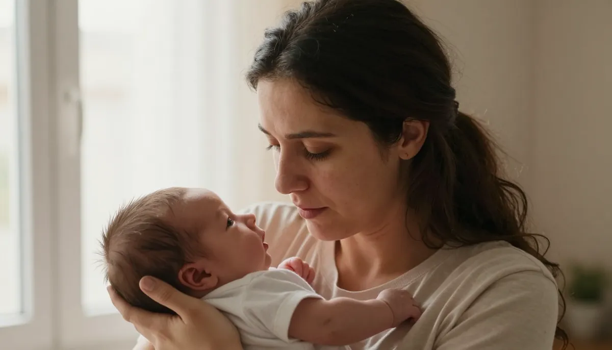 Anne ve bebeğin arasındaki endişeli an, sabah ışığında.