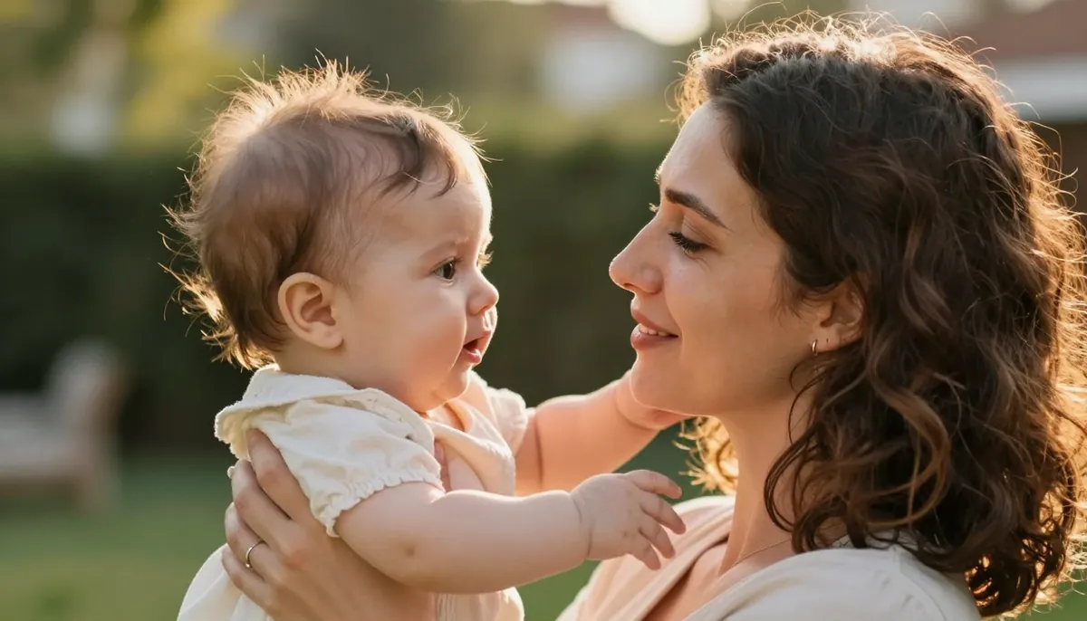 Bebeğinin tüm duyularını keşfeden anne-bebek bağlanması, doğal ışıkta.