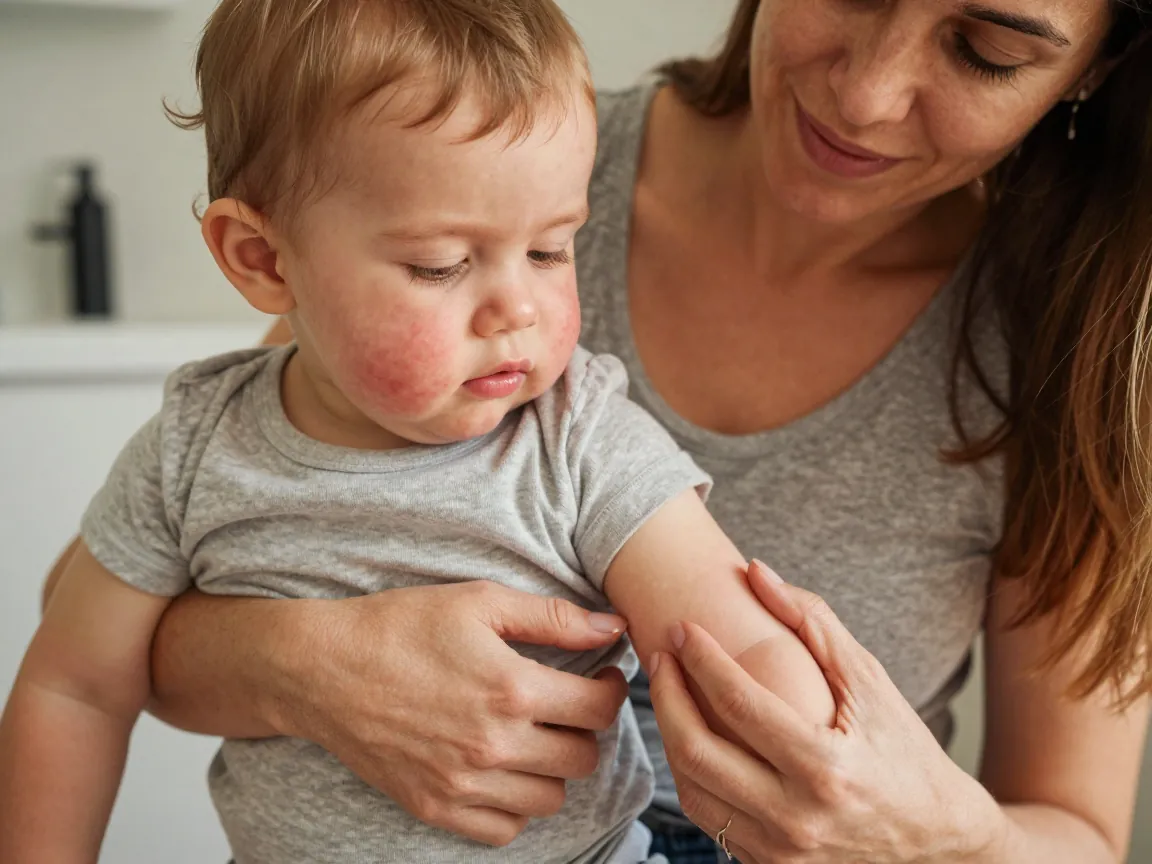 Eczema belirtileri gösteren küçük çocuk, annesi tarafından muayene edilirken.