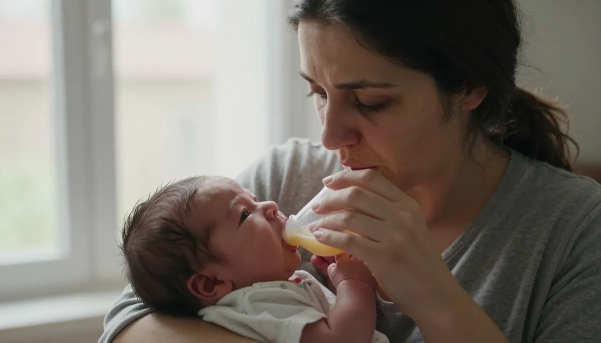 Beslenme sonrası endişeli anne ve bebek, doğal ışıkta samimi an.