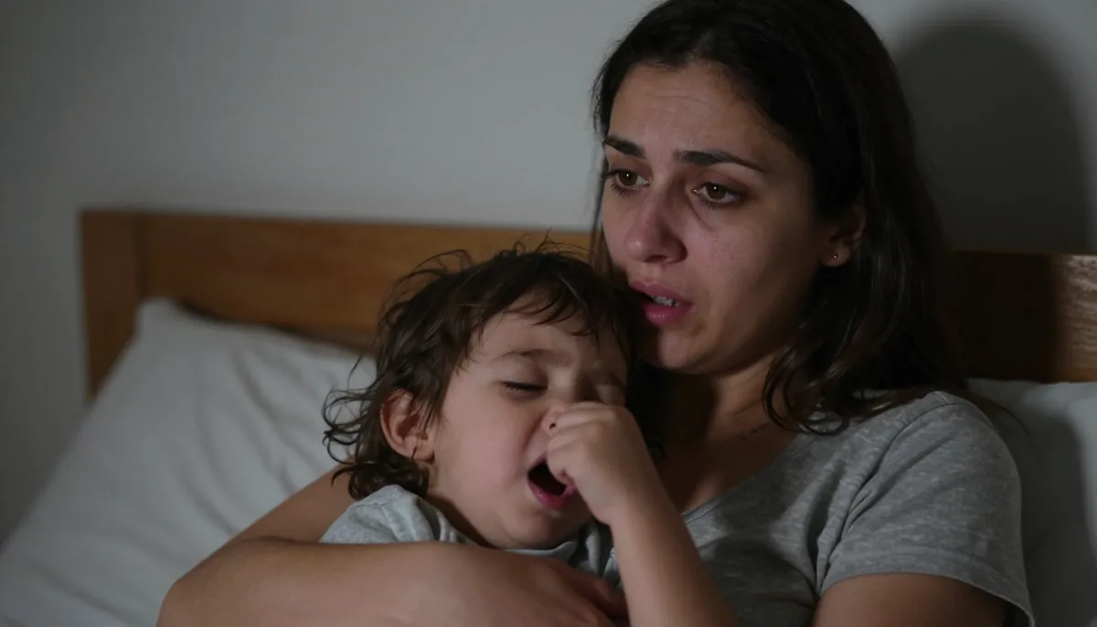 Gece yarısı endişeli anne, öksürüğü dinlerken bebeğini kucağında tutuyor.