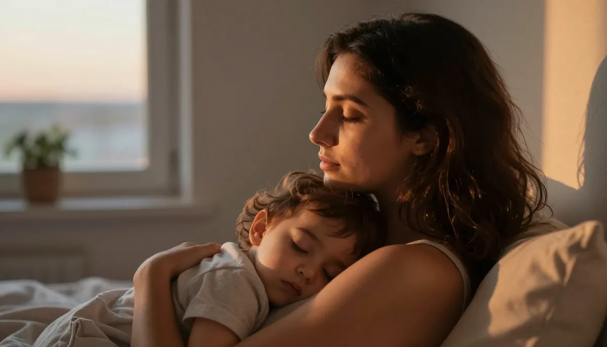 Sakin uyku rutini: Anne ve bebeğin akşam ritüelinde huzurlu anı.