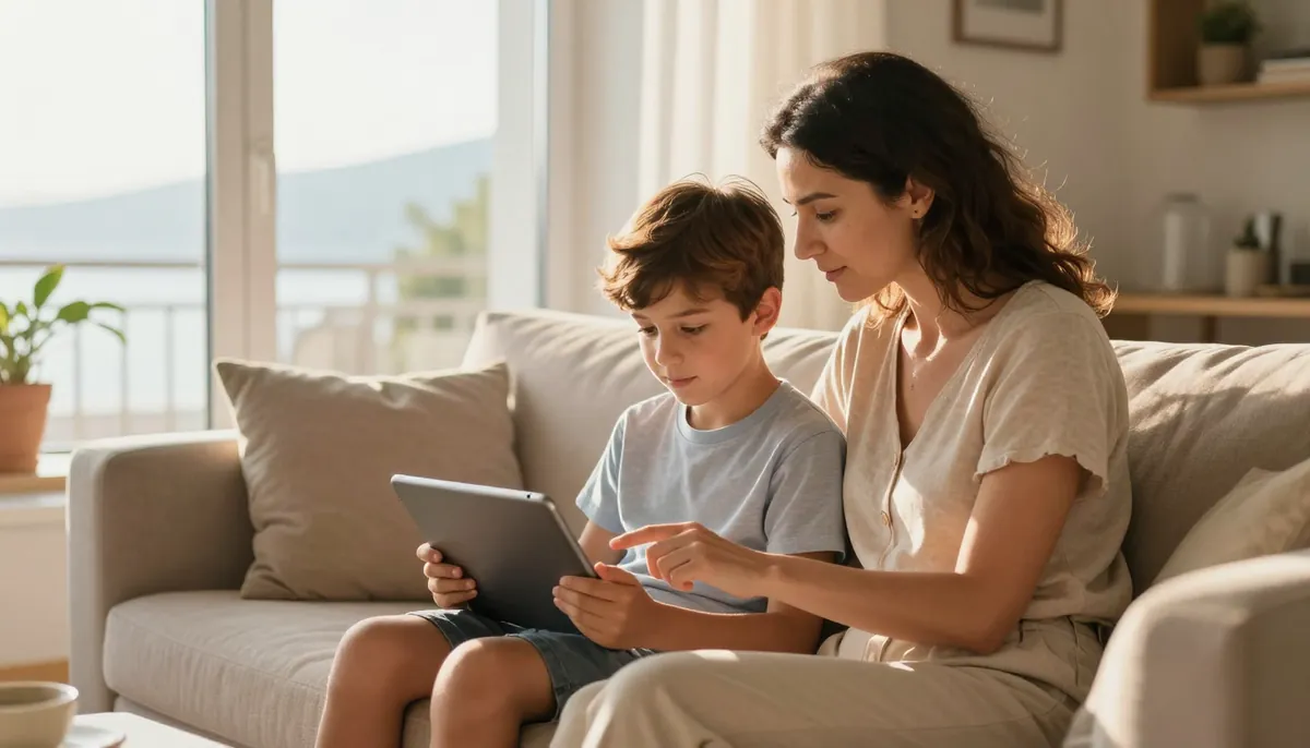 Anne ve oğlu tablet kullanırken, güvenli internet ortamında birlikte vakit geçiriyor.