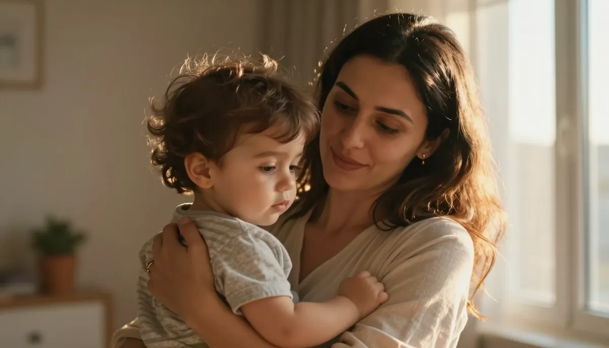 Sakin anne, güvenli çocuğu kucağında. Doğal ışık, huzurlu an.