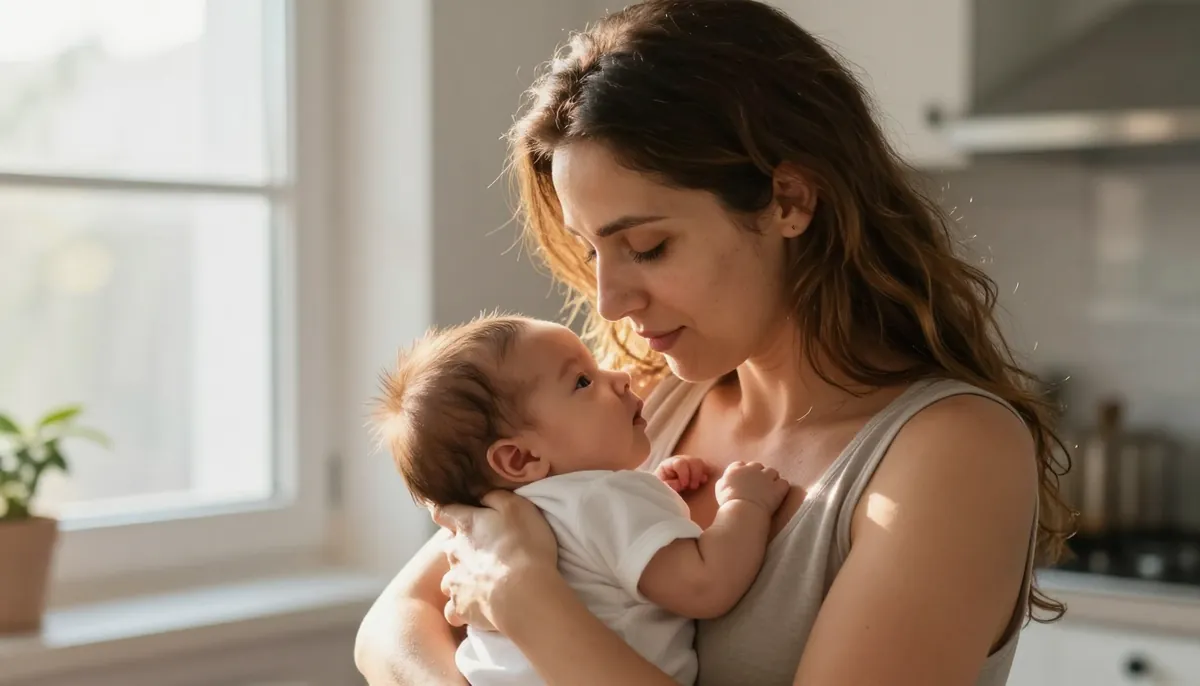 Emzirme döneminde anne ve bebeğinin sevgi dolu anı, doğal ışığın içinde.