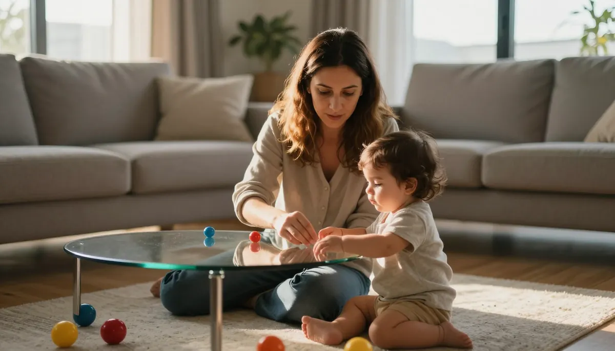 Ev güvenliği başlangıcı: Anne ve meraklı bebek evde aman mesafede