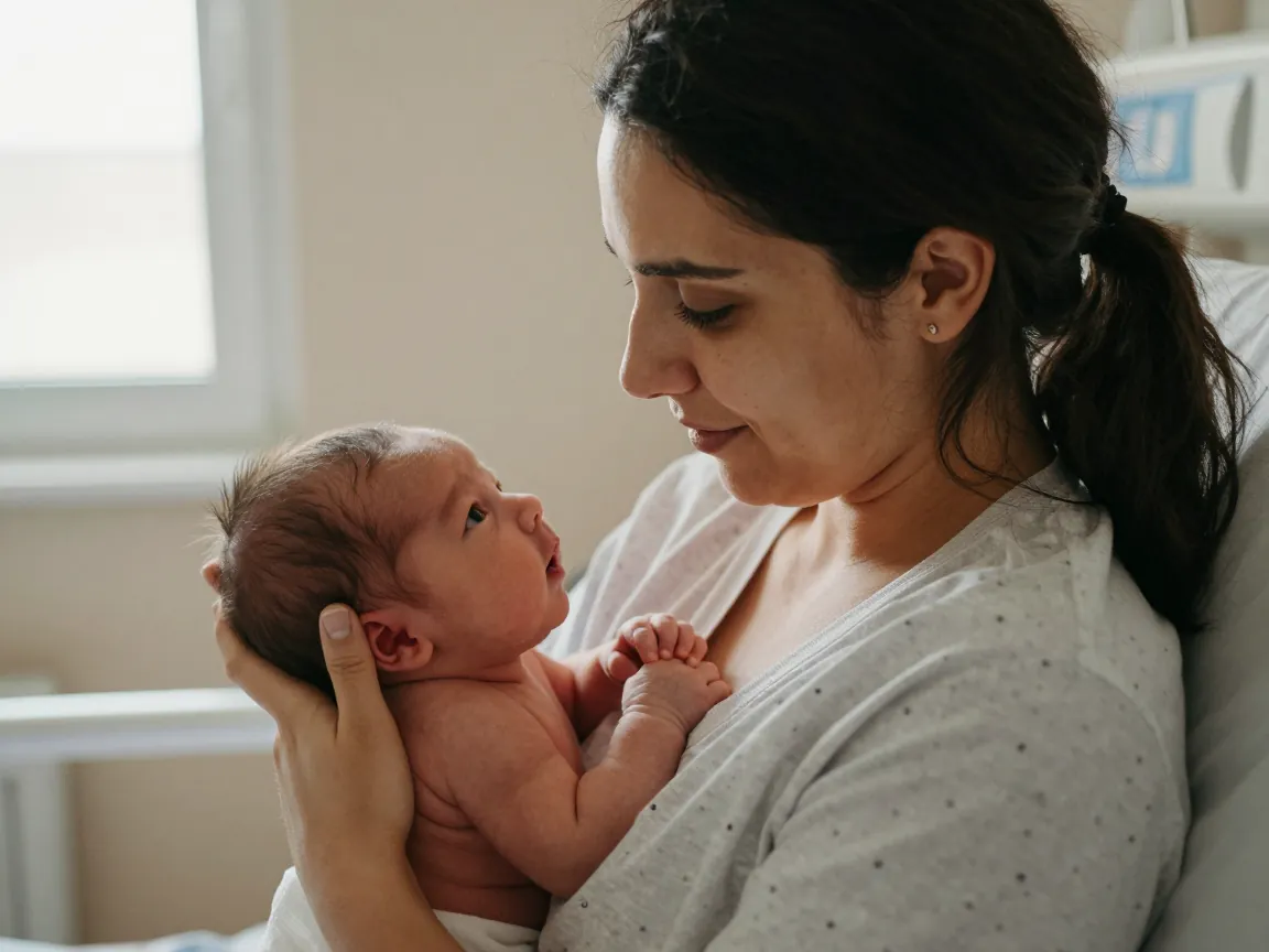 Yeni doğan bebeğiyle ilk anını yaşayan Türk annesi, hastane odasında.