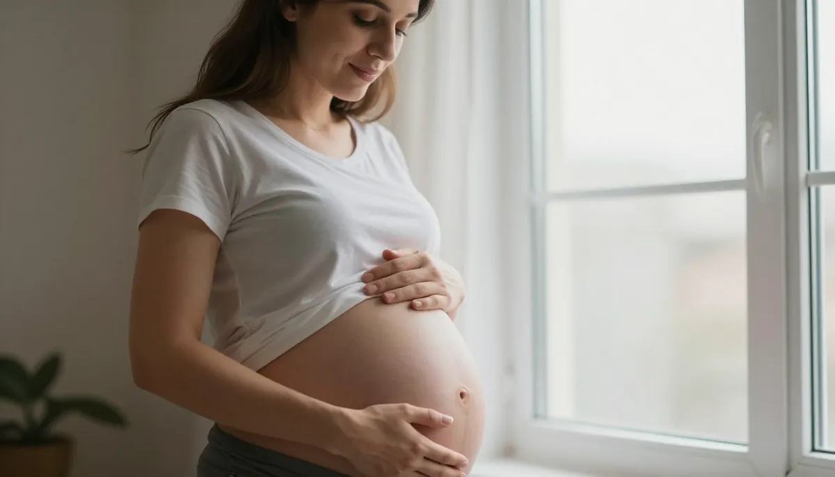 Rh uyumsuzluğu hakkında bilgilendirilmiş hamile anne, güvende ve desteklenen hissi.