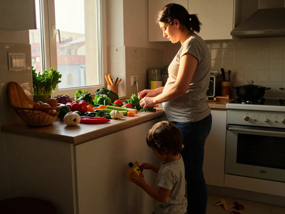 Hamile anne çocuğu ile birlikte mutfakta sağlıklı yemek hazırlıyor