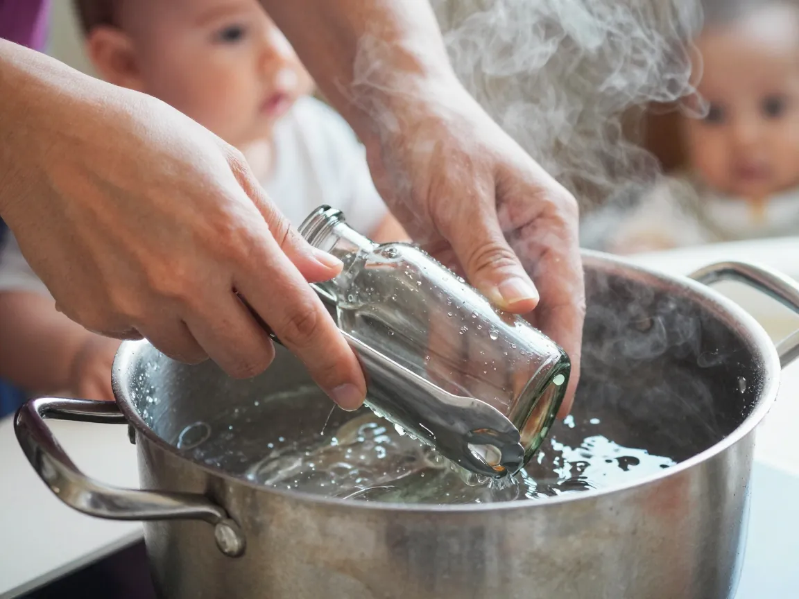 Sterilizasyon adımı: bebek biberon ve ekipmanlar güvenli temizlik için kaynar suda.