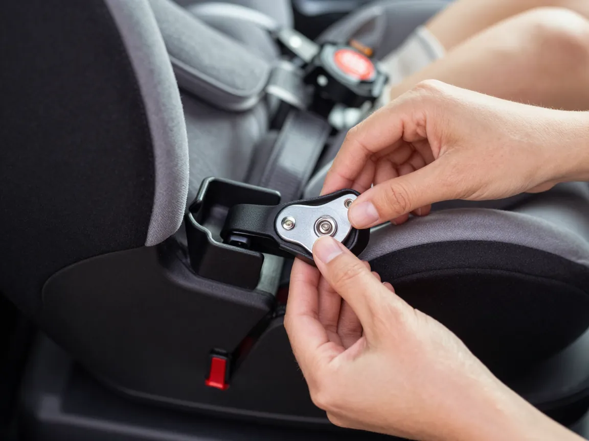 ISOFIX bağlantı sisteminin güvenli montajı, profesyonel yakından görünüm.